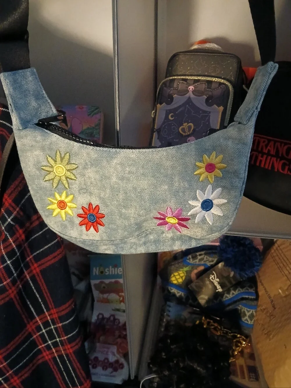 Embroided Denim Floral Hobo Bag